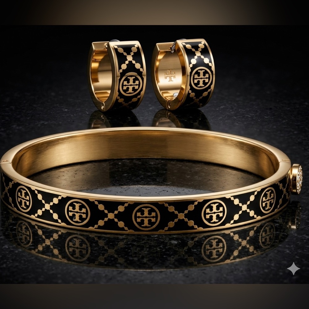 Tory Burch Black and Gold T-Monogram Huggie Earrings and Bracelet Set -10169